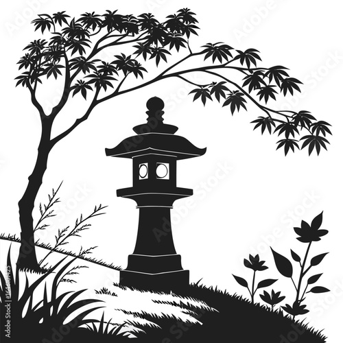 Stone lantern in garden silhouette
