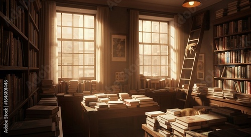 Sunlit Scholar's Sanctuary: Two Cats Amidst Piles of Books and Golden Light