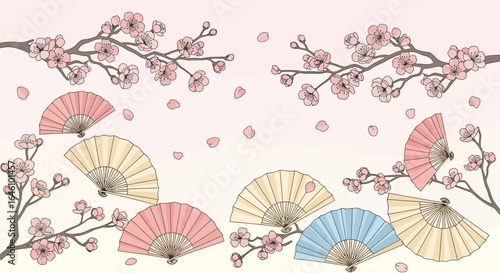 Delicate Cherry Blossom And Fans Background Depicting Japanese Elegance Style