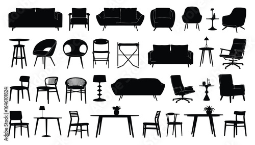 Vector art of diverse furniture silhouettes isolated on white background, featuring an assortment of chairs, sofas, tables, and lamps, ideal for design projects and visual representations