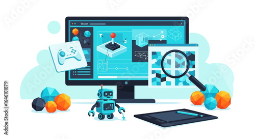 Creative vector illustration of game development and software engineering design concept for developers and designers of video games and applications