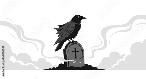 Creepy raven perched ominously on a weathered tombstone shrouded in spectral mist in grayscale style