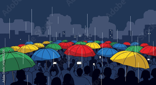 Crowd of People Under Colorful Umbrellas in the Rain with Cityscape Background