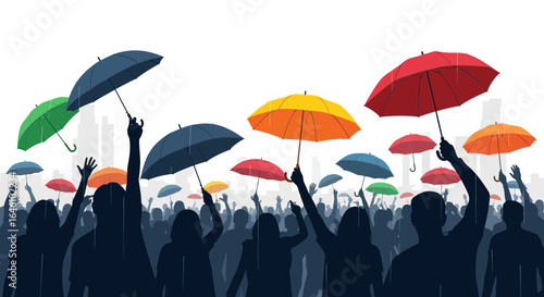 Crowd of silhouettes holding colorful umbrellas in rainy weather illustration