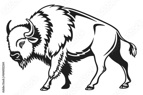 Stylized Black and White Bison Illustration.