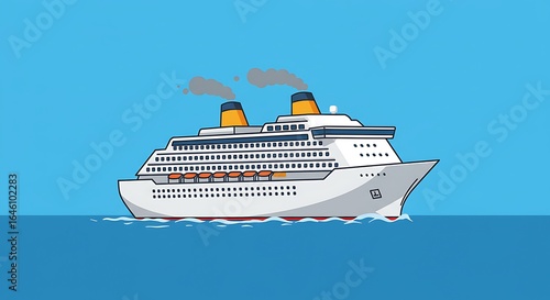A white cruise ship sails on the blue ocean, with smoke coming from its yellow-topped smokestacks.