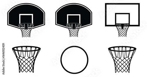 Vector art of various basketball hoops and nets isolated on white background, showcasing different designs and styles for sports equipment and athletic activities, vector illustration