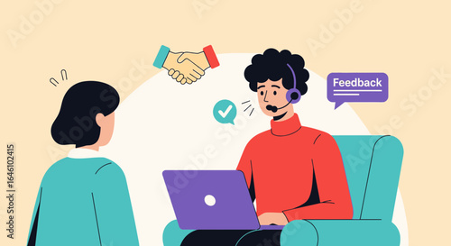 Customer service and feedback loop, illustration of online support and communication effective interactions between agents and customers