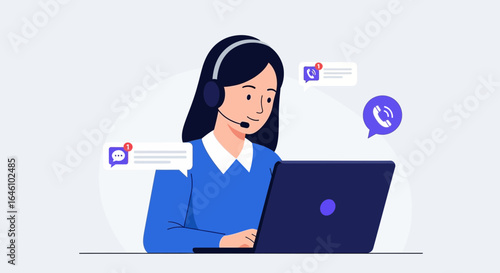 Customer service representative providing support with a headset and laptop communication assistance