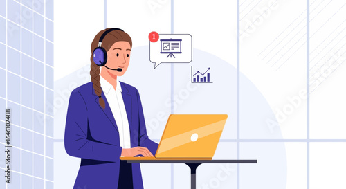 Customer service representative providing assistance remotely via a video call for business presentations