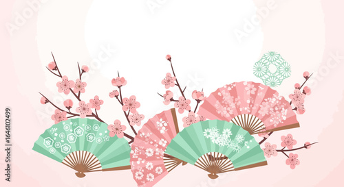 Delicate floral arrangement with vintage fans and blooming cherry blossoms offering a serene and elegant aesthetic