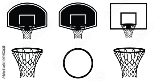 Illustration of various basketball hoops and nets isolated on white background, showcasing different designs and styles used in the sport, suitable for educational or decorative purposes