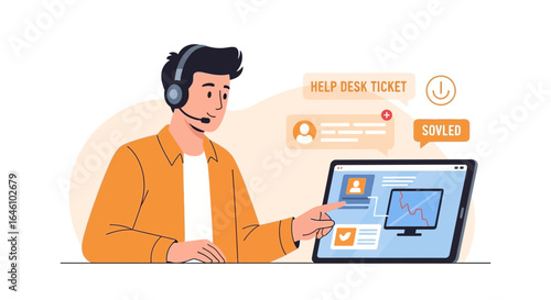 Customer support representative providing assistance through help desk ticket system