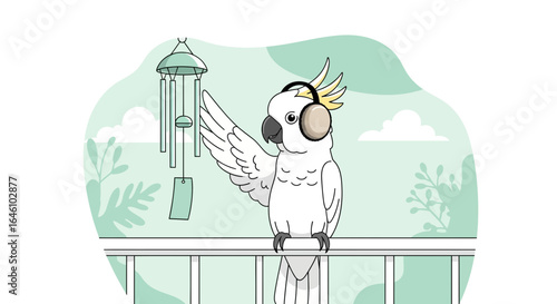 Elegant Cockatoo Wearing Headphones Enjoys Serene Music By Wind Chimes Outdoors