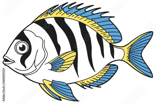Stylized Striped Fish with Blue and Yellow Fins.