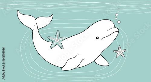 Cute beluga whale cartoon illustration with starfish, underwater marine life scene and playful bubbles, adorable ocean animal