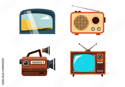 Vintage Communication Devices Including Television, Radio, and Film Camera Illustrations in a Colorful Design
