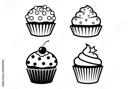 Four cupcakes with various toppings in a row, each uniquely decorated and presented with wrapper details