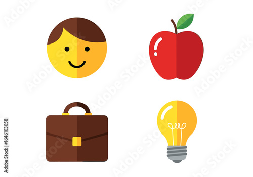 Colorful icons depicting a smiling face, an apple, a briefcase, and a light bulb illustration