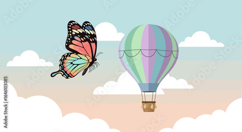 Delicate illustration of a butterfly flying near a hot air balloon in the sky with clouds a whimsical scene