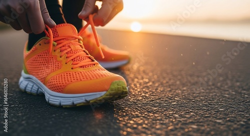 Sunrise Run Preparation: Tying Vibrant Orange Sneakers in Golden Light