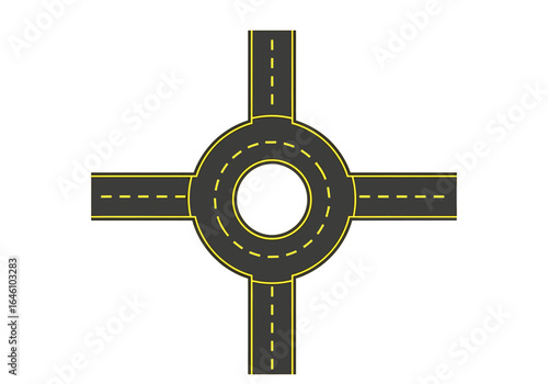 Aerial view of a modern roundabout design featuring four road entrances and exits clearly marked