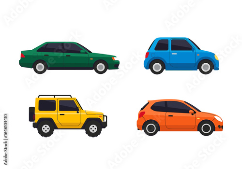 Four Colorful Cartoon Cars Displayed in a Fun and Playful Graphic Design Style