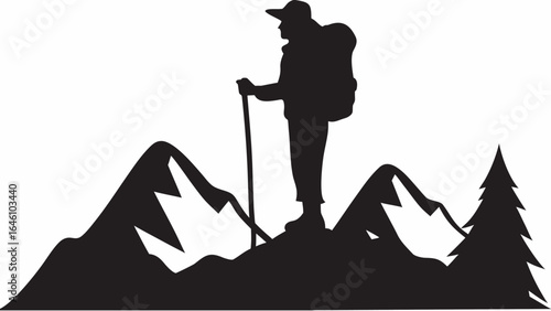 Silhouette of a hiker with backpack and trekking pole standing on top of mountains with a tree nearby