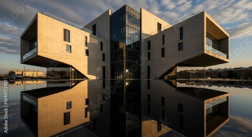 Symmetrical Concrete and Glass Architecture with a Flawless Mirror Reflection in Calm Water