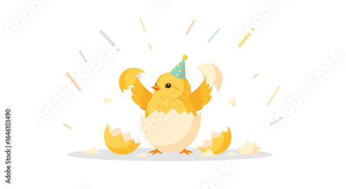 Cute cartoon chick with party hat hatching from egg illustration design