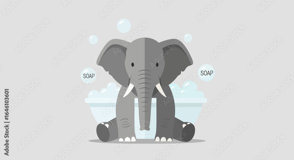 Obraz premium Cute cartoon elephant character taking a bubble bath in a tub illustration vector