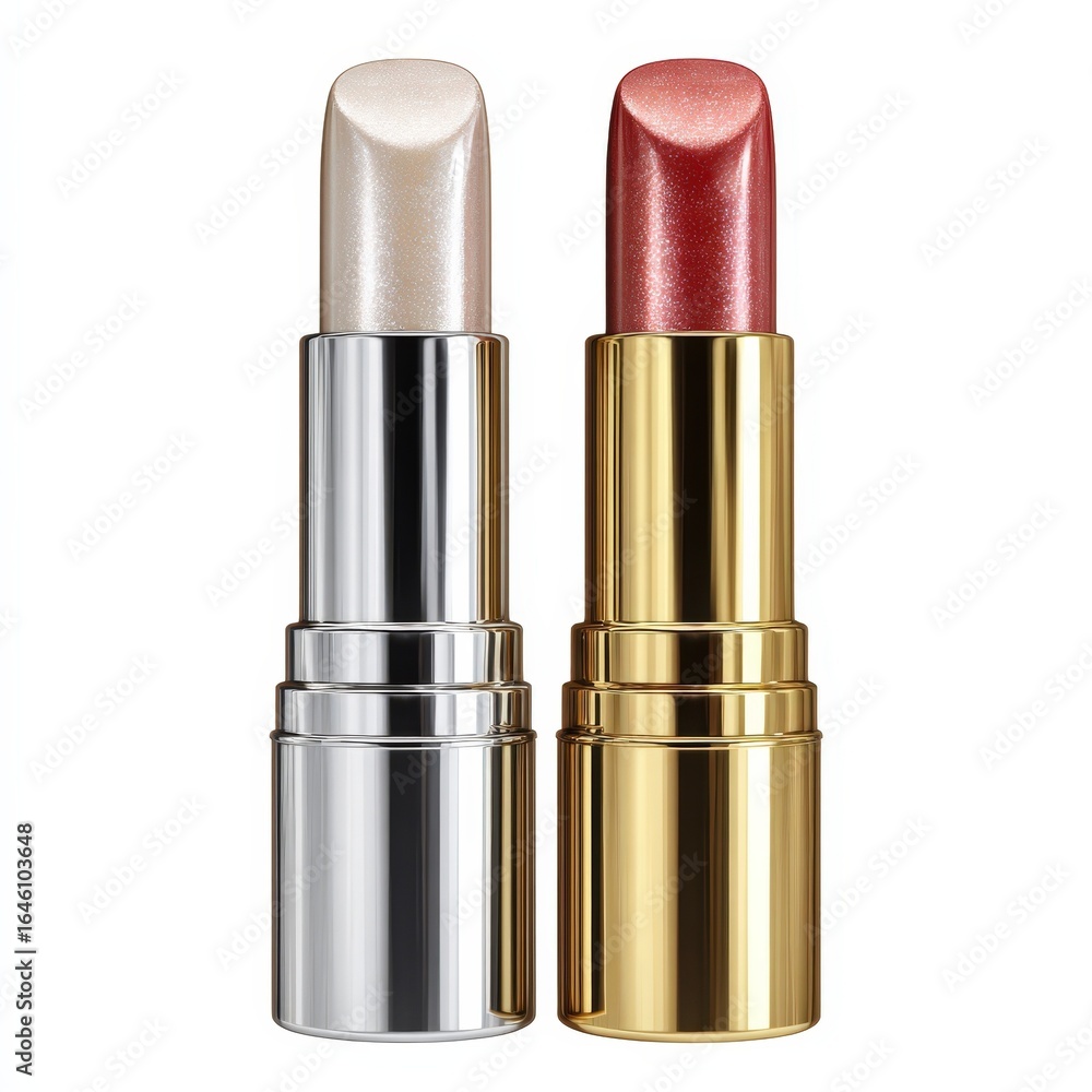 Obraz premium Two Luxurious Lipsticks Gold and Silver Cases Shimmering Shades Makeup Beauty Products