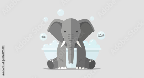 Cute cartoon elephant character taking a bubble bath in a tub illustration vector