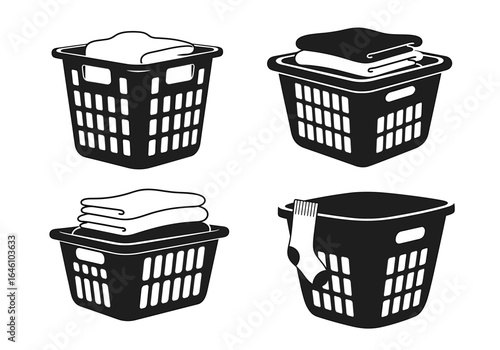Four distinct laundry baskets showcasing neatly folded towels and a single sock in various arrangements