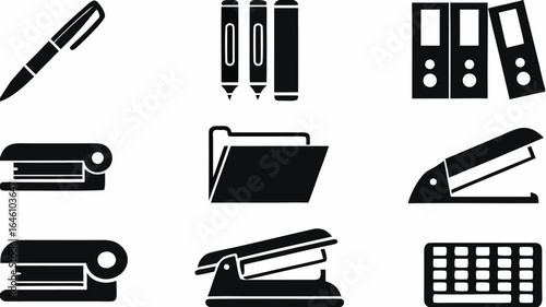 Illustration of office supplies including pens staplers folders and a keyboard in black and white