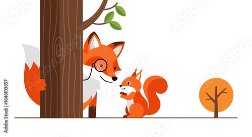 Cute Cartoon Fox With Monocle Stalking Little Squirrel In Forest Scene