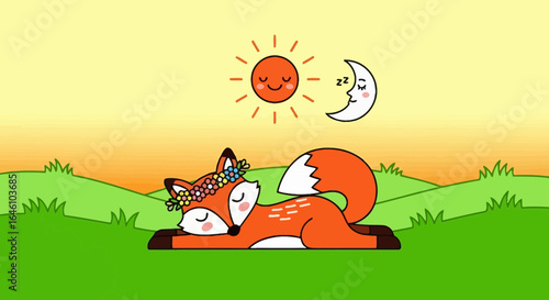 Cute cartoon fox wearing a flower crown sleeping in a field under the sun and moon illustration
