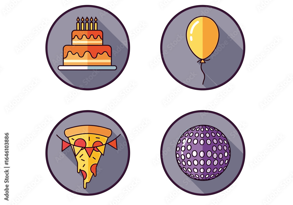Naklejka premium Festive Illustrations of Birthday Cake, Balloon, Pizza Slice, and Disco Ball in Circles