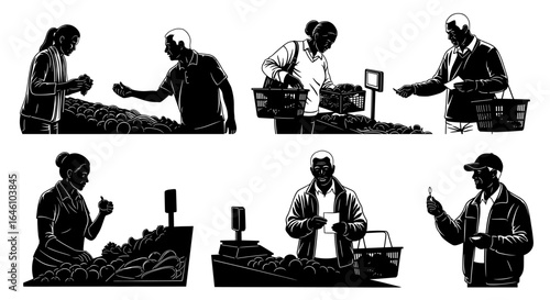 Diverse shoppers engaging with fresh produce in a vibrant marketplace setting with baskets in hand