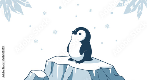 Cute cartoon penguin sitting on an iceberg surrounded by snowflakes and ice crystals in a winter landscape