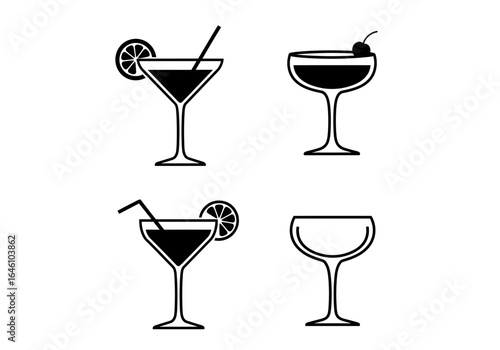 Four stylish cocktail illustrations featuring different glass shapes and garnishes for bar menus