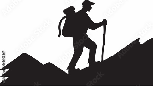 Silhouette of a hiker with backpack and hiking pole climbing a mountain in black and white style