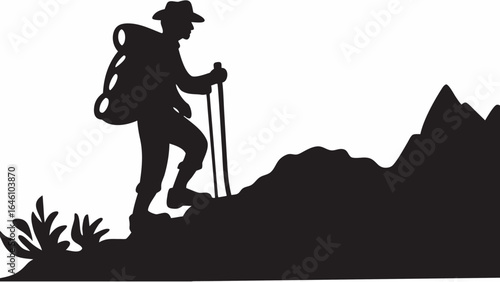 Silhouette of a hiker with a backpack and walking stick climbing a mountain with some vegetation