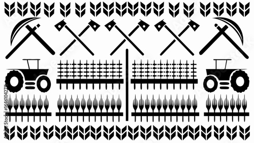 Black and white agricultural pattern with tools, tractor, fence and crops illustration design