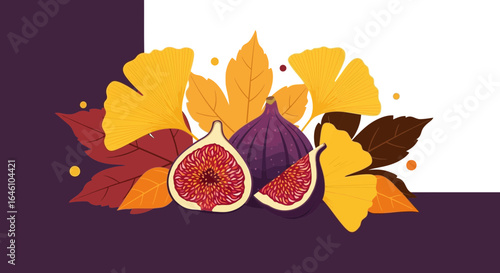 Delicious figs surrounded by autumn leaves creating an aesthetic autumn illustration