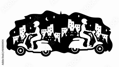 Two people riding scooters in a city at night with buildings moon and stars in a black and white scene
