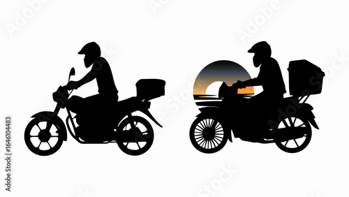 Two motorcycle riders in silhouette with delivery boxes and sunset background illustration design