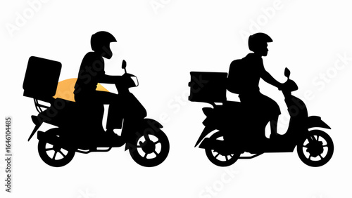 Two delivery drivers on scooters in silhouette with delivery boxes on the back of the vehicles shown