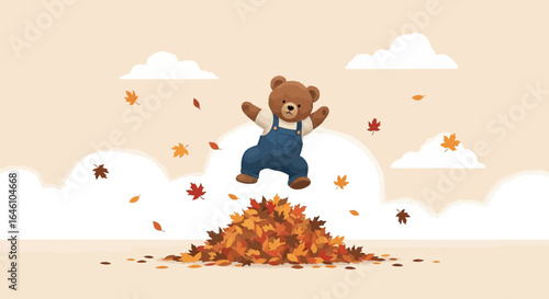 Delightful autumn scene with playful bear cub jumping in a pile of colorful leaves