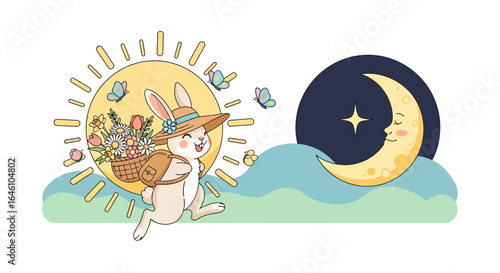Delightful cartoon illustration featuring a bunny, sun, butterflies, moon, and flowers celebrating the beauty of day and night